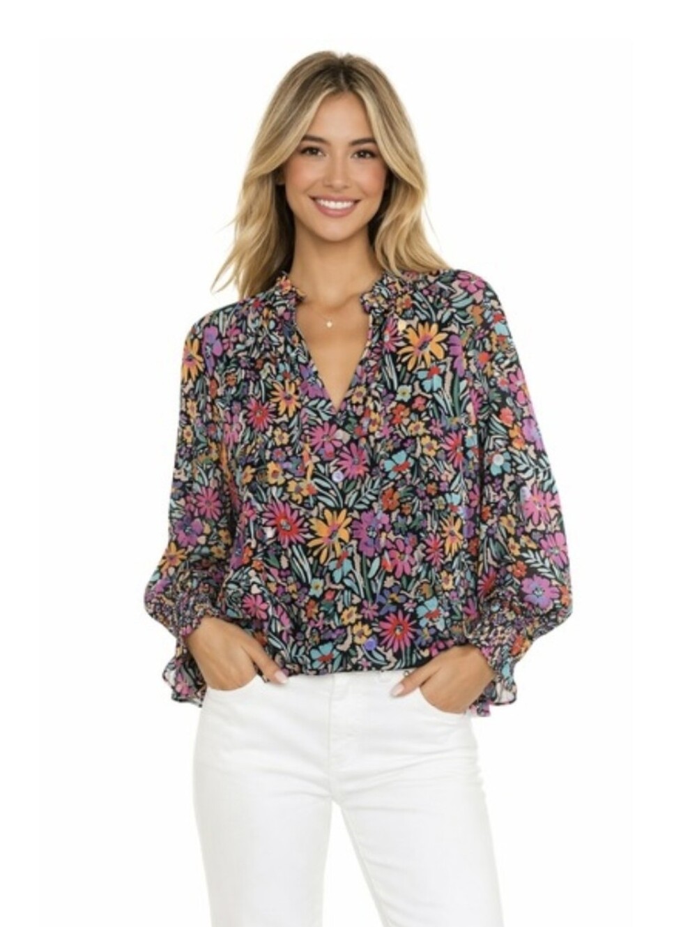NWT BTFL-life Floral V-Neck‎ Blouse Smocked Cuffs Boho Vacation M New